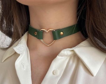Green Leather Choker, Gold Heart Ring Collar, Handmade Jewelry
