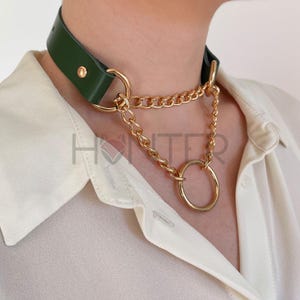 Green Custom Leather Choker With Name, Choker with Chain and Ring, Sliding Chain Choker Necklace with O-ring Handmade Goth Punk Custom Size