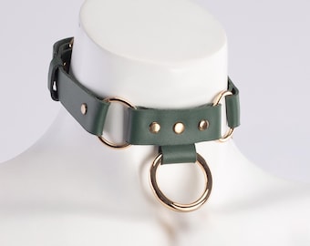 Green Leather O-ring Choker, Handmade Goth Collar, Custom Size