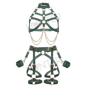 Green Gold Full Body Set Leather Handmade Harness Leather Bondage Waist Belt Strap, Leather Wrist Cuffs Restraint Bondage Set Mature