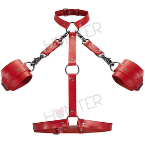 Leather Handmade Choker Harness Leather Body Bondage Waist Belt Strap, Leather Neck Collar Wrist Cuffs Restraint Bondage Red Mature