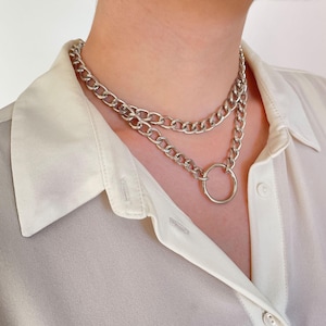 Layered Chain Choker Necklace, Slip Chain O-ring Choker, Gothic Choker, Punk Choker, Layered O-Ring Chain Choker Necklace, Pull Chain Choker