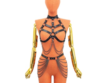 Black Leather Full Body Set with Chains, Chest Harness and Waist Belt
