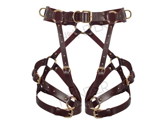 Marsala Leather Garter Belt: Gold Hardware Thigh Harness