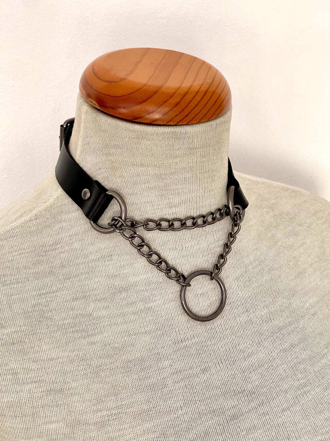 Black Leather O-ring Choker, Custom Name Chain, Goth Punk Necklace