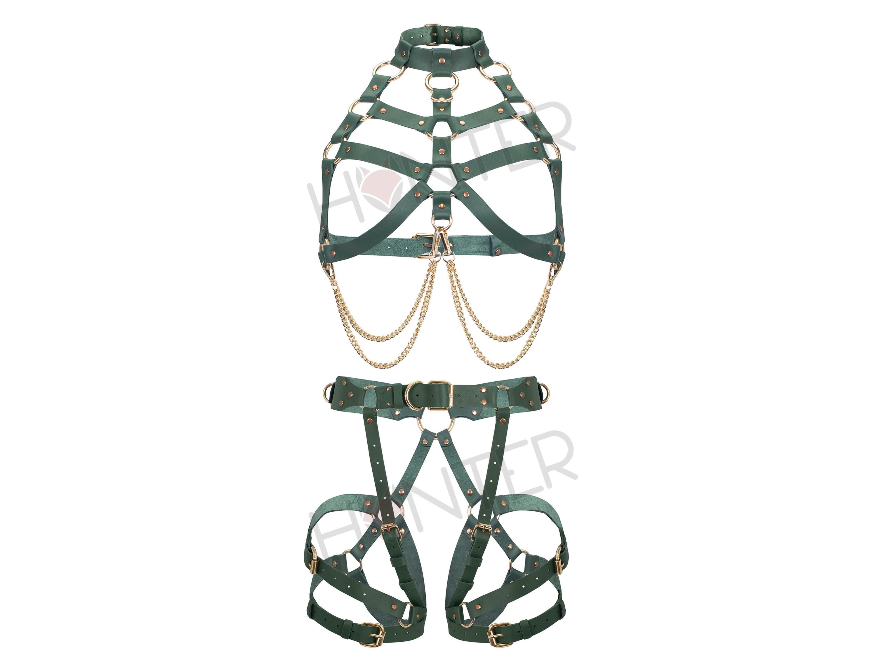 Green Gold Body Harness Set for Women, Open Chest Chain Harness, Thigh Harness, Leather Bondage Crotchless Kit, Leather Garter Belt Mature