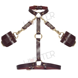 Leather Handmade Choker Harness Leather Body Bondage Waist Belt Strap, Leather Neck Collar Wrist Cuff Restraint Bondage Marsala Mature