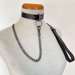 May include: A black leather choker with a silver chain and a silver ring. The chain is attached to a black leather leash.