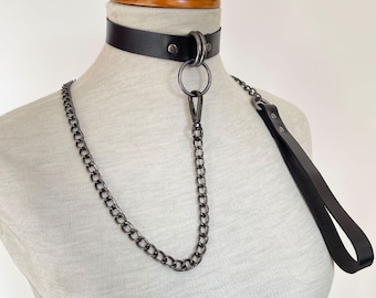 Personalized Leather O-ring Choker: Handmade Goth Punk Collar with Leash