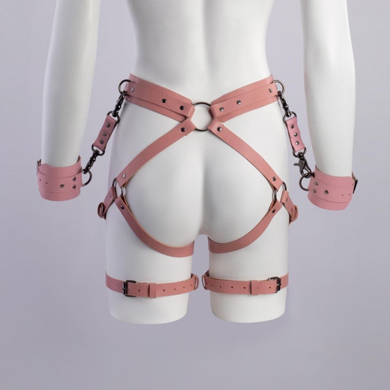 Leather Garter Belt Thigh Harness With Handcuffs, Bondage Set
