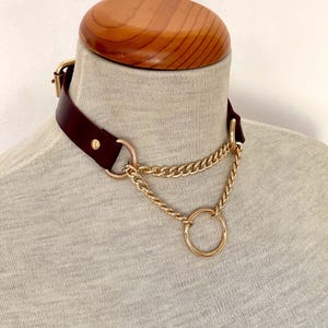 Könnte beinhalten: Ein braunes Lederhalsband mit einer goldenen Kette und einem großen goldenen Ringanhänger.