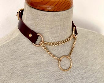 Marsala Custom Leather Choker With Name, Choker with Chain and Ring, Sliding Chain Choker Necklace Handmade Goth Punk Custom Size