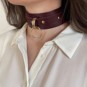 May include: A burgundy leather choker with a gold metal ring and decorative studs.