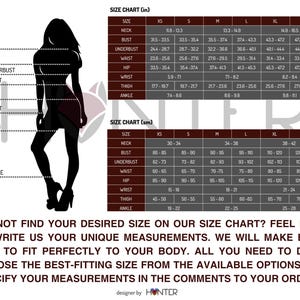Our workshop size chart, if our standard sizes do not fit you, you need to send us your measurements and we will make any of our products according to your customized measurements.