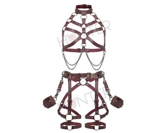 Handmade Leather Full Body Bondage Harness Set with Wrist Cuffs