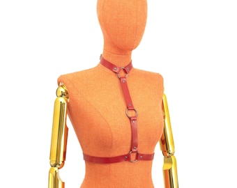 Red Leather Choker Harness, Reversible Chest
