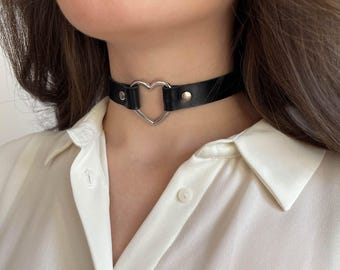 Black Leather Heart Choker, Gothic Collar Necklace