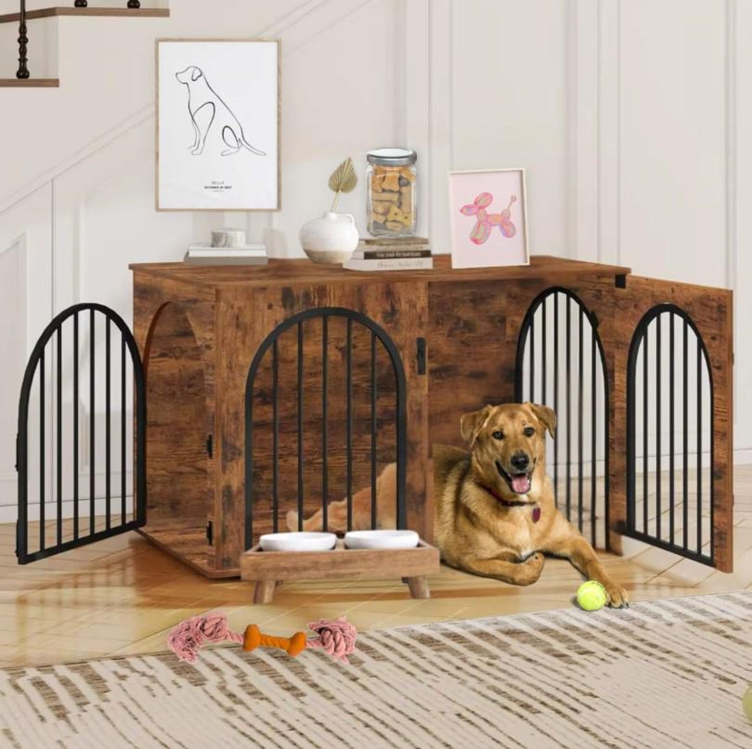 View of Modern Farmhouse Wooden Dog Crate Furniture Stylish Indoor Kennel for ...