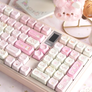 Mochi Neko Daydreamers (Pink Cat) Keycap Set – 141 PBT Keys | MAO Profile for Cherry MX Mechanical Keyboards |  Pastel Kawaii Cat Design