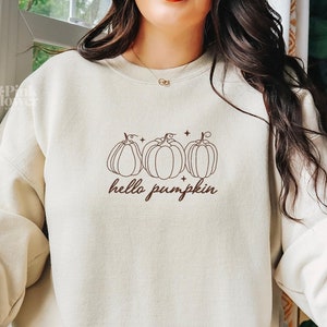 Embroidered Pumpkin Sweatshirt, Fall Season Sweater, Hello Pumpkin Sweatshirt, Autumn Crewneck, Thanksgiving Minimal Fall Crewneck