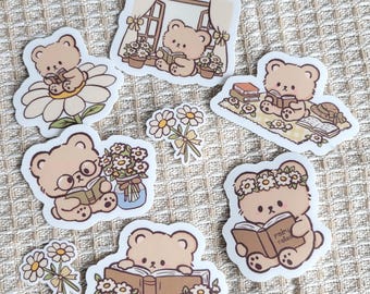 Cozy Bear Sticker, Cottagecore Book Sticker, Cute Reading Bear Decal, Spring Aesthetic Sticker, Laptop Water Bottle Sticker