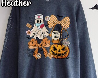 Halloween Nurse Sweatshirt, Nurse Ghost Crewneck, Trick or Treat Nurse Sweater, Funny Nurse Shirt, Pumpkin Bows Ghost Halloween Sweatshirt