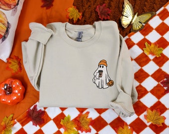 Embroidered Ghost Coffee Sweatshirt | Spooky Season Crewneck