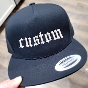 Custom Text Embroidered Cap, Black Adjustable Snapback, Custom Snapback Hat, Gift for Him, Gift for Her, Mesh Flat bill Embroidered Cap