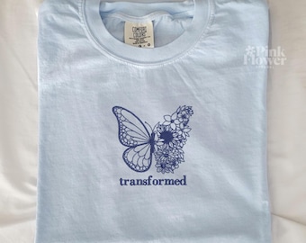 Embroidered Comfort Colors T-shirt, Floral Butterfly, Faith Based Tee