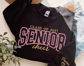 Senior Cheer Embroidered Sweatshirt, Personalized Sleeve, Class of 2027 Cheerleaders Crewneck, Custom Senior 2027 Cheer Sweatshirt