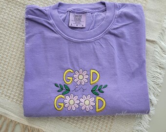 Embroidered God Is Good Comfort Colors Shirt, Purple Floral Tee for Summer & Spring
