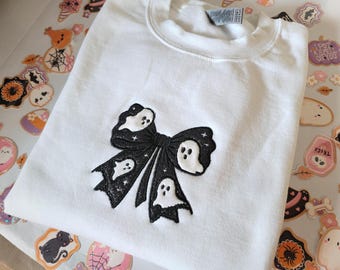 Ghost Bow Embroidered Sweatshirt, Halloween Coquette Crewneck, Glitter Applique Ghost Shirt, Cute Spooky Season Top