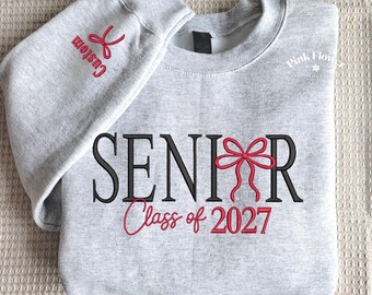 Embroidered Senior Sweatshirt, Class of 2027 Graduation Gifts Crewneck, Coquette Bow, Senior Cheer Team Sweater, Custom Name on Sleeve