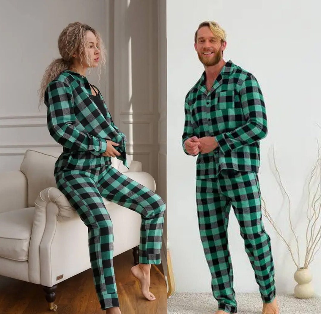 Matching Couple Christmas Pajamas Set Plaid Couples Etsy Matching Couple Christmas Pj