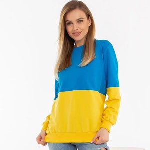 May include: A blue and yellow sweatshirt with long sleeves. The sweatshirt has a horizontal color block design.