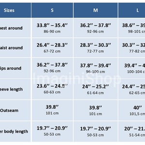 May include: A size chart for clothing with measurements in inches and centimetres. The chart shows the chest, waist, hips, sleeve length, outseam, and upper body length for sizes S, M, and L.