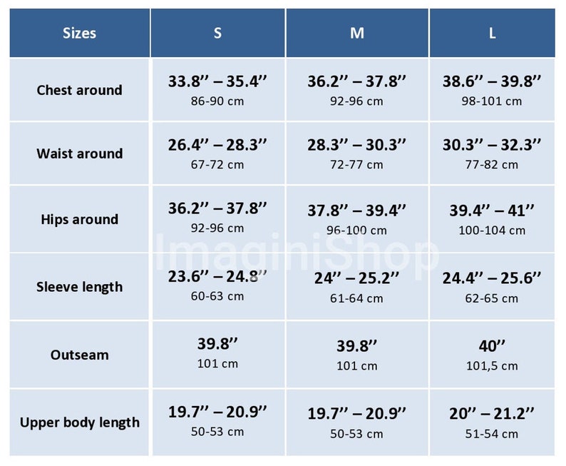 May include: A size chart for clothing with measurements in inches and centimetres. The chart shows the chest, waist, hips, sleeve length, outseam, and upper body length for sizes S, M, and L.