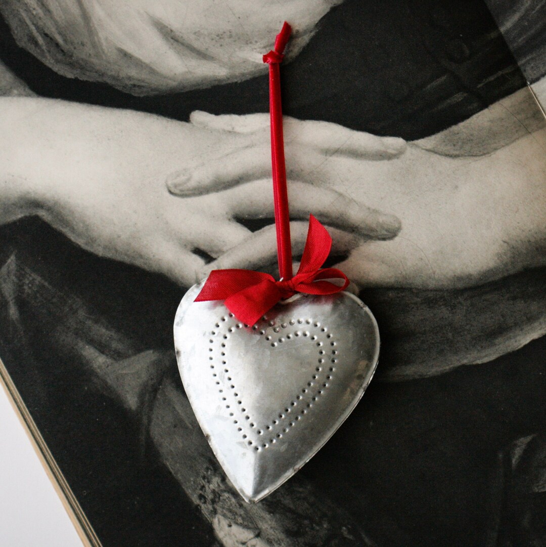 Vintage Puffy Galvanized Metal Tin Heart Ornament With Punched Etsy