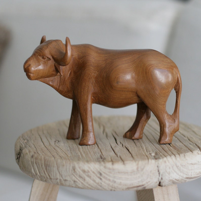 Vintage Solid Wood Water Buffalo Sculpture image 1