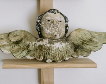 Antique Carved Wood Polychrome Putti Angel Head With Glass Eyes