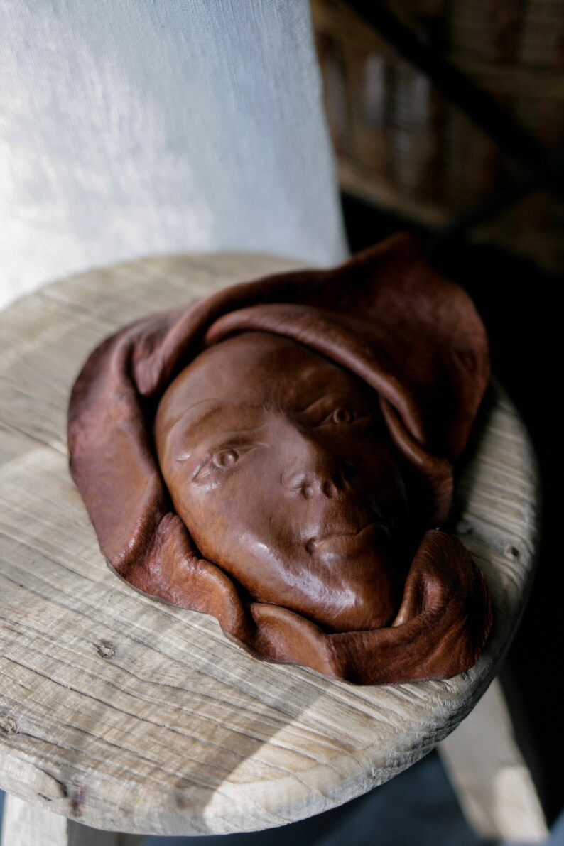 Vintage Handmade Sculpted Leather Female Face image 7