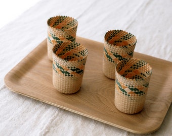 Set of 4 Small Vintage Woven Palm Cup Sleeves/Boho Cups/Barware/Drinking cups/Cup holder/Basket Cups