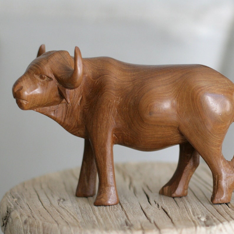 Vintage Solid Wood Water Buffalo Sculpture image 2