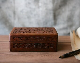 Vintage 6" Boho Carved Wood Box with Inlay/Wooden/Hinged Jewelry Box/Trinket Box/Keepsake/Rustic/Decor