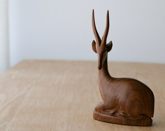 Vintage Carved Wood Sitting Antelope/Gazelle Elk Mid Century Modern