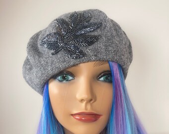 Women's Grey Beret, Embellished with Grey Beaded Applique, Boho Chic!