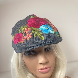Embellished Newsboy hat, gray and black tweed with bright floral appliques, beautiful!