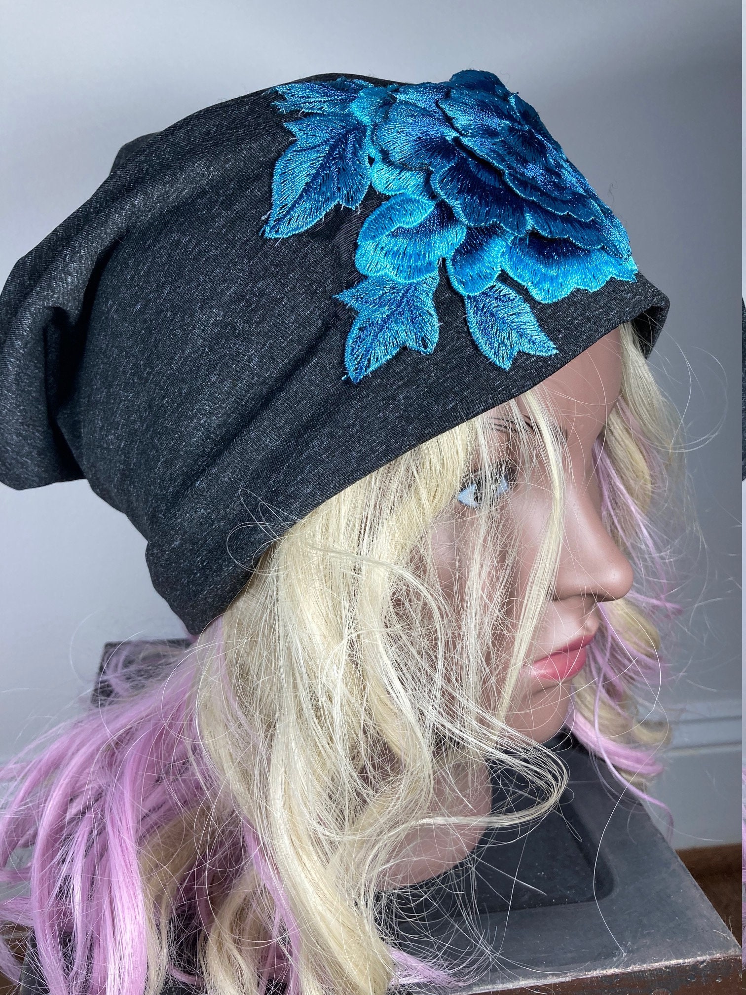 Women's new charcoal slouchy beanie with floral Etsy