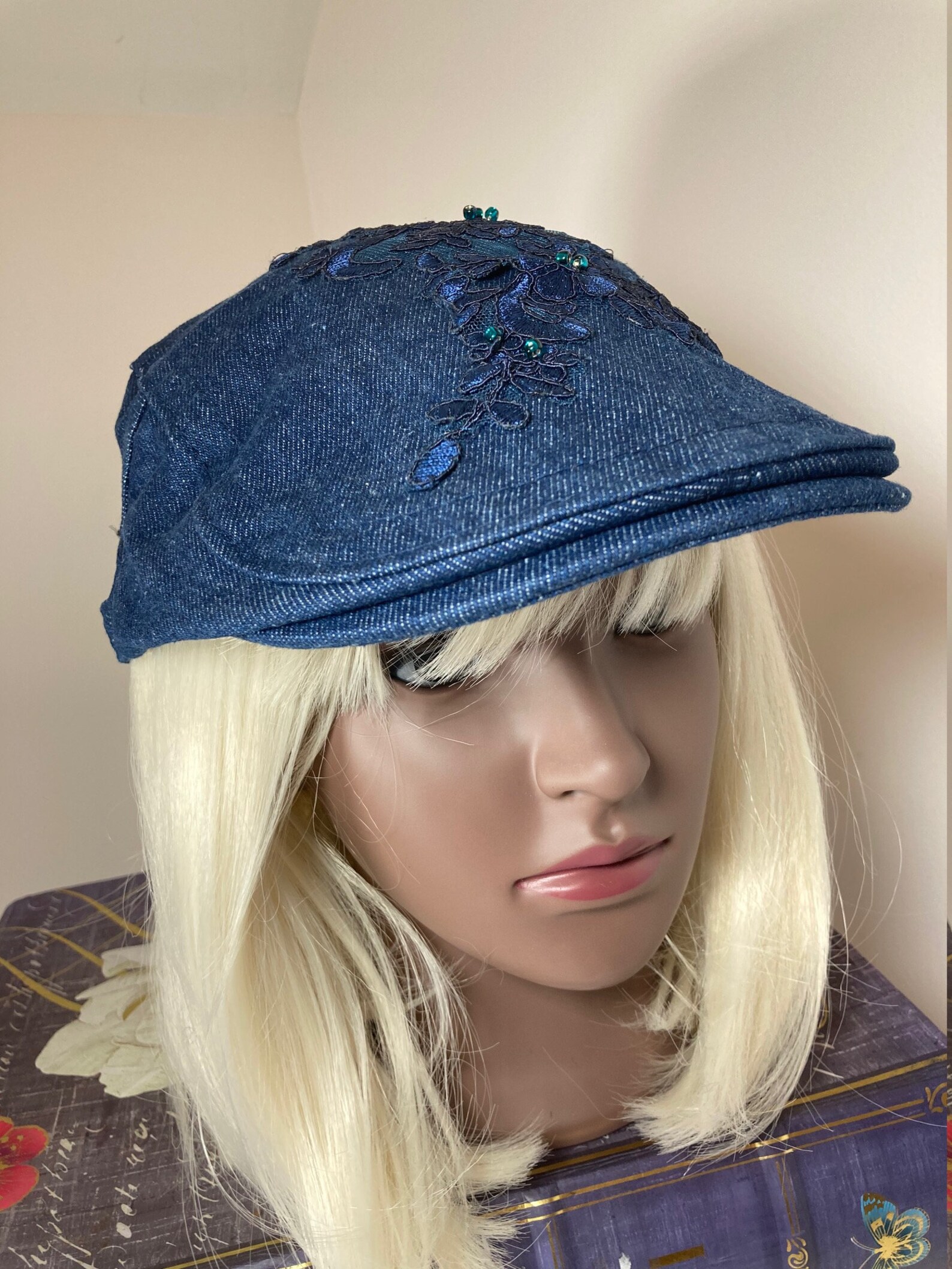 Denim Newsboy Hat Embellished With Navy Floral Embroidered Etsy