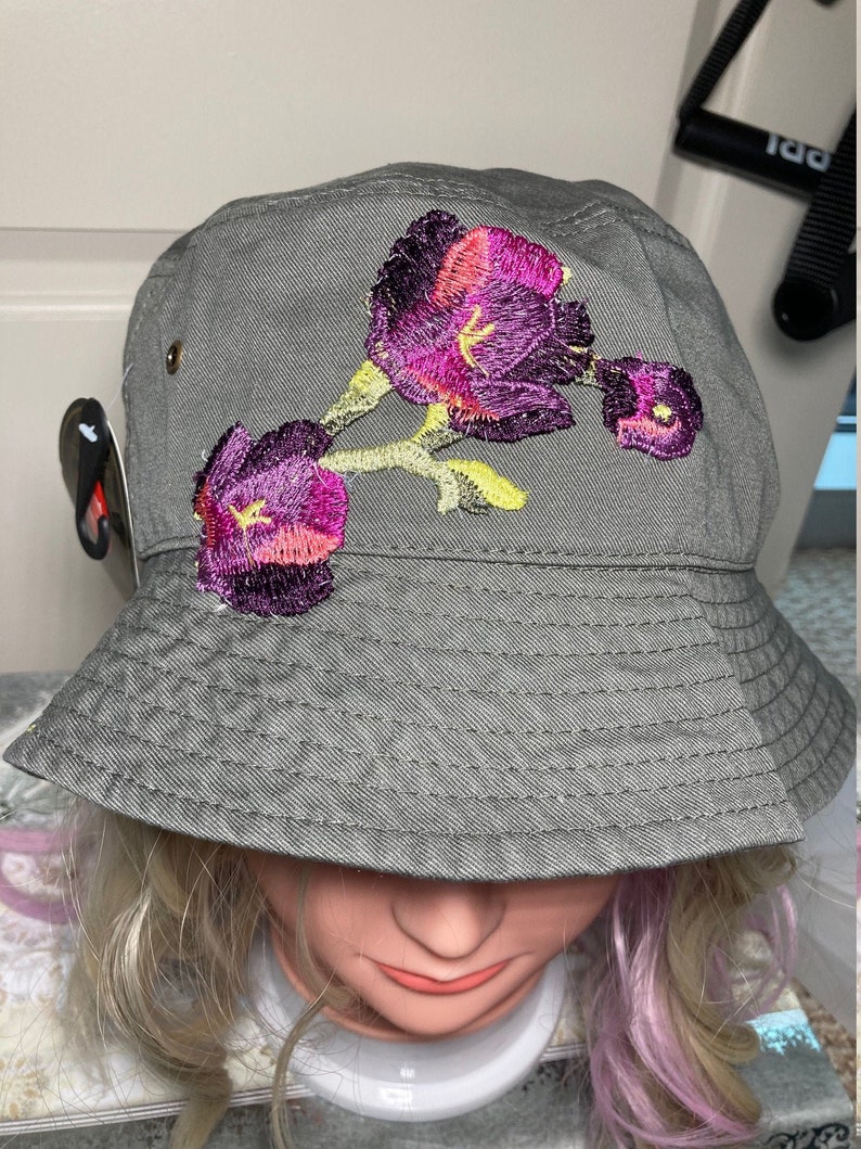 Grey-Green Bucket Sun Hat Embellished With Purple Floral Embroidered Appliques